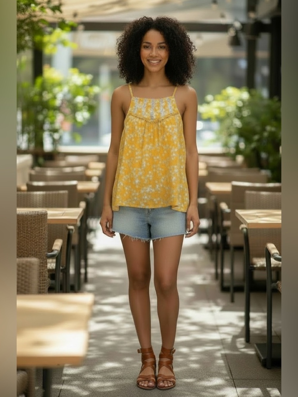 Maeve Anthropologie Mustard Yellow Floral Strappy Tank Top Cotton Roomy Flowy